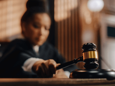 Woman judge in courtroom making a ruling with her gavel